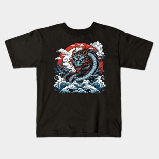 Dragon against the backdrop of a setting sun bathed in ocean waves Kids T-Shirt